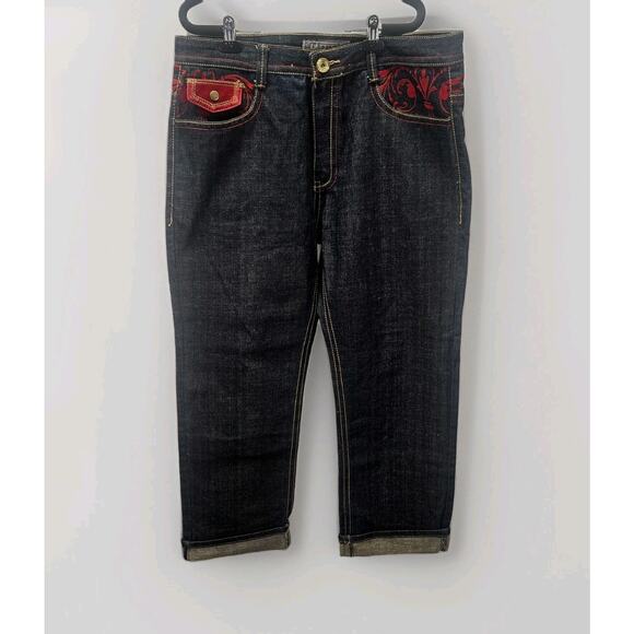 Clench Other - Y2K Vintage Mens Clench Jeans Velvet Pockets 36x32 Dark Wash Embroidered